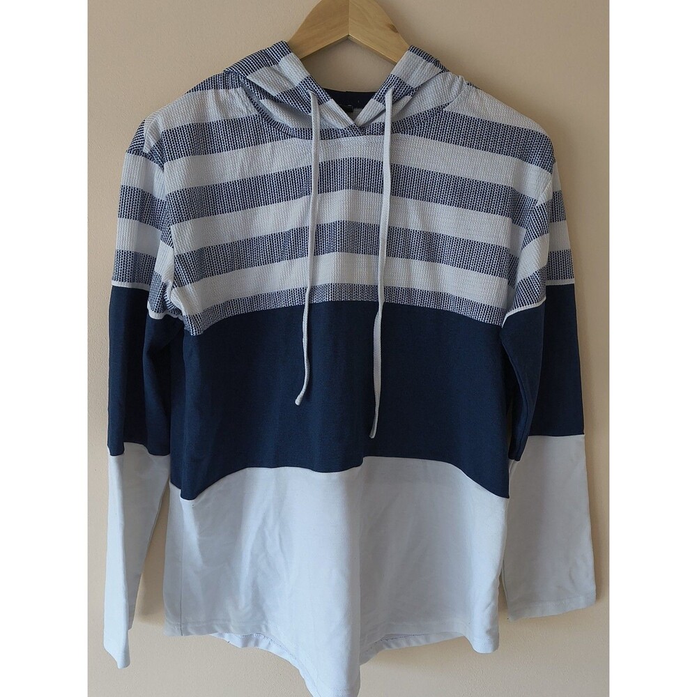 Women's M Navy White Striped Colorblock Hooded Long Sleeve Pullover Top